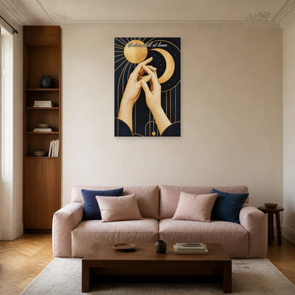 Affiche Entre soleil et lune - Mains enlacées dans un salon - Art Virtuoso