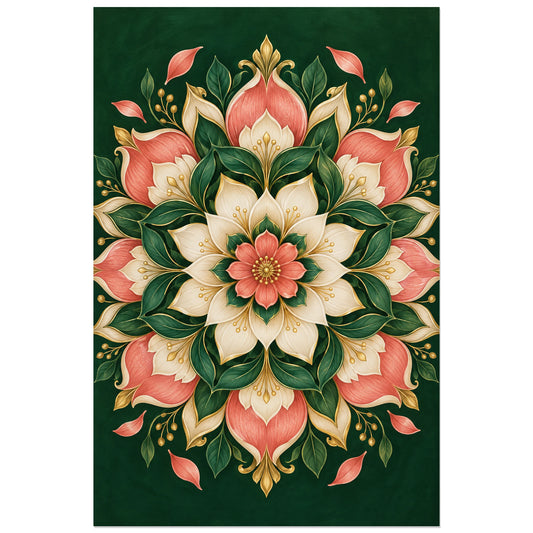 Rosace florale corail et ivoire sur vert profond, affiche 30 × 45 cm