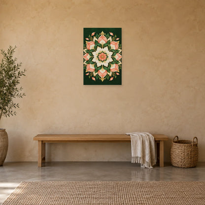 Affiche Mandala floral - Corail et émeraude dans une entrée ou un couloir - Art Virtuoso