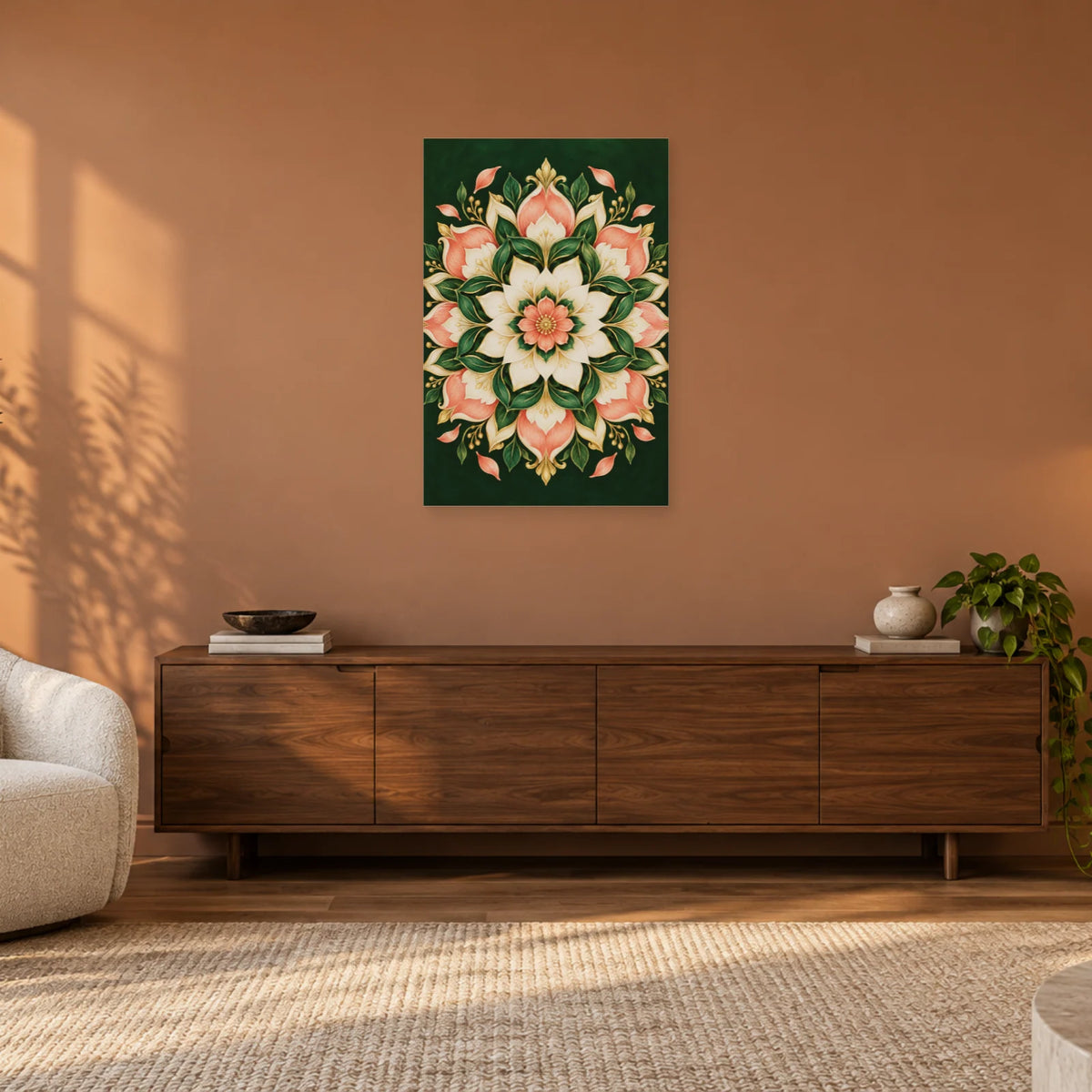 Affiche Mandala floral - Corail et émeraude dans un salon - Art Virtuoso