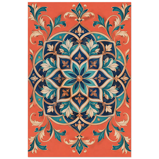 Étoile florale indigo et arabesques corail, affiche 30 × 45 cm