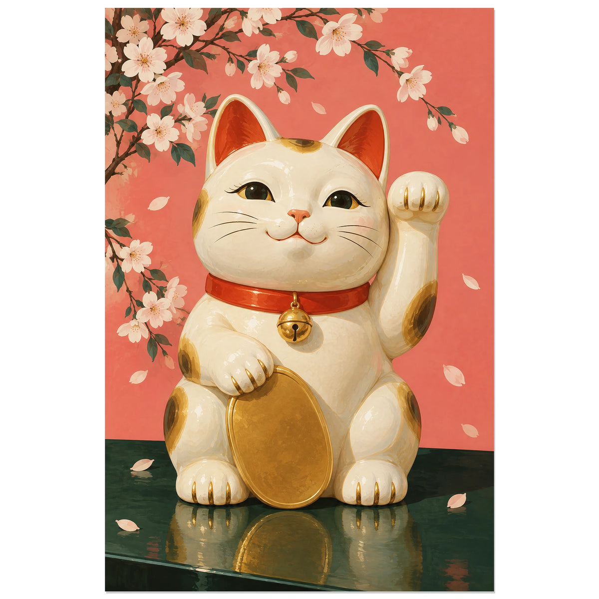 Affiche Maneki-neko - Porte-bonheur, illustration réaliste / nature morte décorative verticale, format 30 × 45 cm