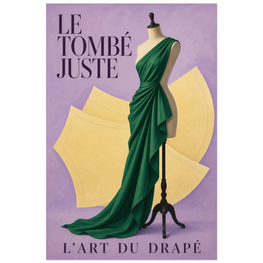 Affiche Mannequin de couture, le tombé juste, illustration de modélisme, composition graphique verticale, format 30 × 45 cm