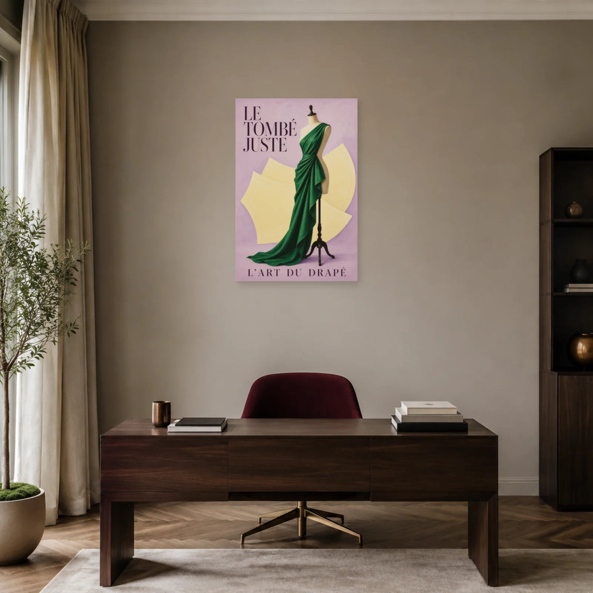 Affiche Mannequin de couture, le tombé juste dans un bureau - Art Virtuoso