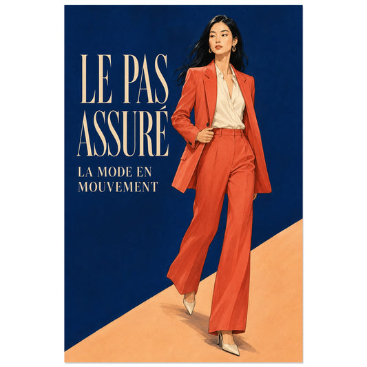 Affiche Mannequin femme, le pas assuré, illustration de mode éditoriale à la gouache verticale, format 30 × 45 cm