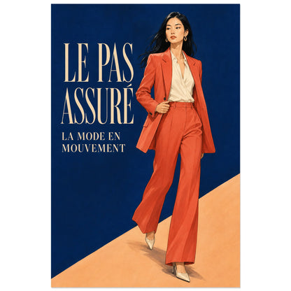 Affiche Mannequin femme, le pas assuré, illustration de mode éditoriale à la gouache verticale, format 60 × 90 cm