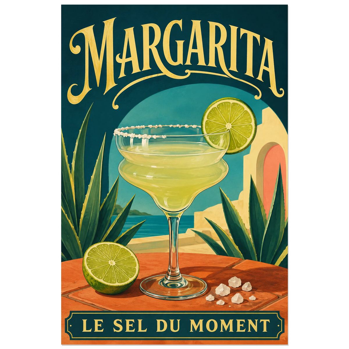 Affiche Margarita, le sel du moment, illustration de bar rétro à aplats lumineux et modelés peints verticale, format 30 × 45 cm