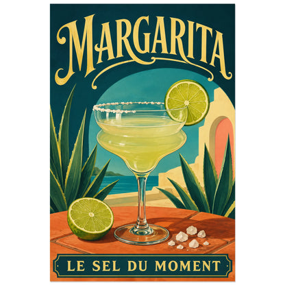 Affiche Margarita, le sel du moment, illustration de bar rétro à aplats lumineux et modelés peints verticale, format 60 × 90 cm