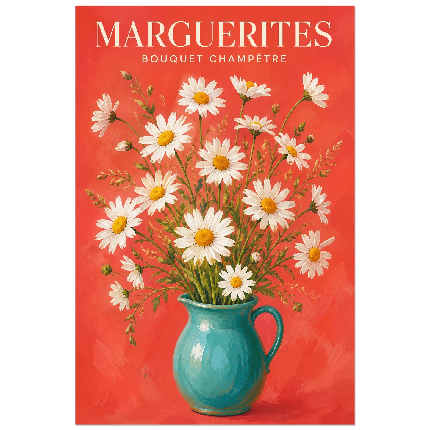 Affiche Marguerites – Bouquet Champêtre, gouache florale contemporaine verticale, format 60 × 90 cm