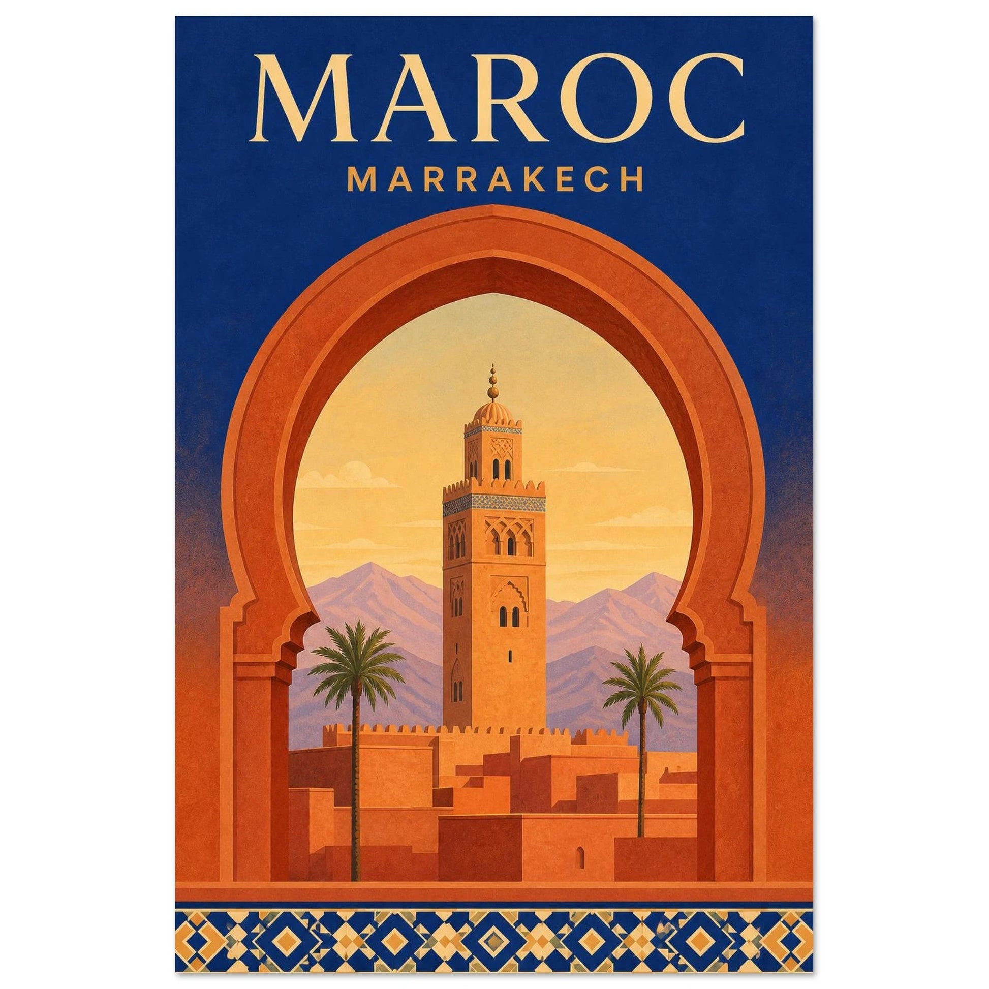 Affiche Maroc – Marrakech, affiche de voyage néo-rétro, texturée et géométrique, avec une inspiration art déco dans l'encadrement verticale, format 30 × 45 cm