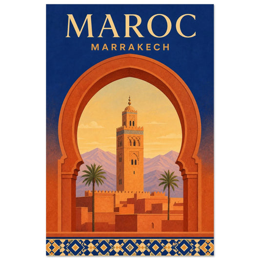 Affiche Maroc – Marrakech, affiche de voyage néo-rétro, texturée et géométrique, avec une inspiration art déco dans l'encadrement verticale, format 30 × 45 cm