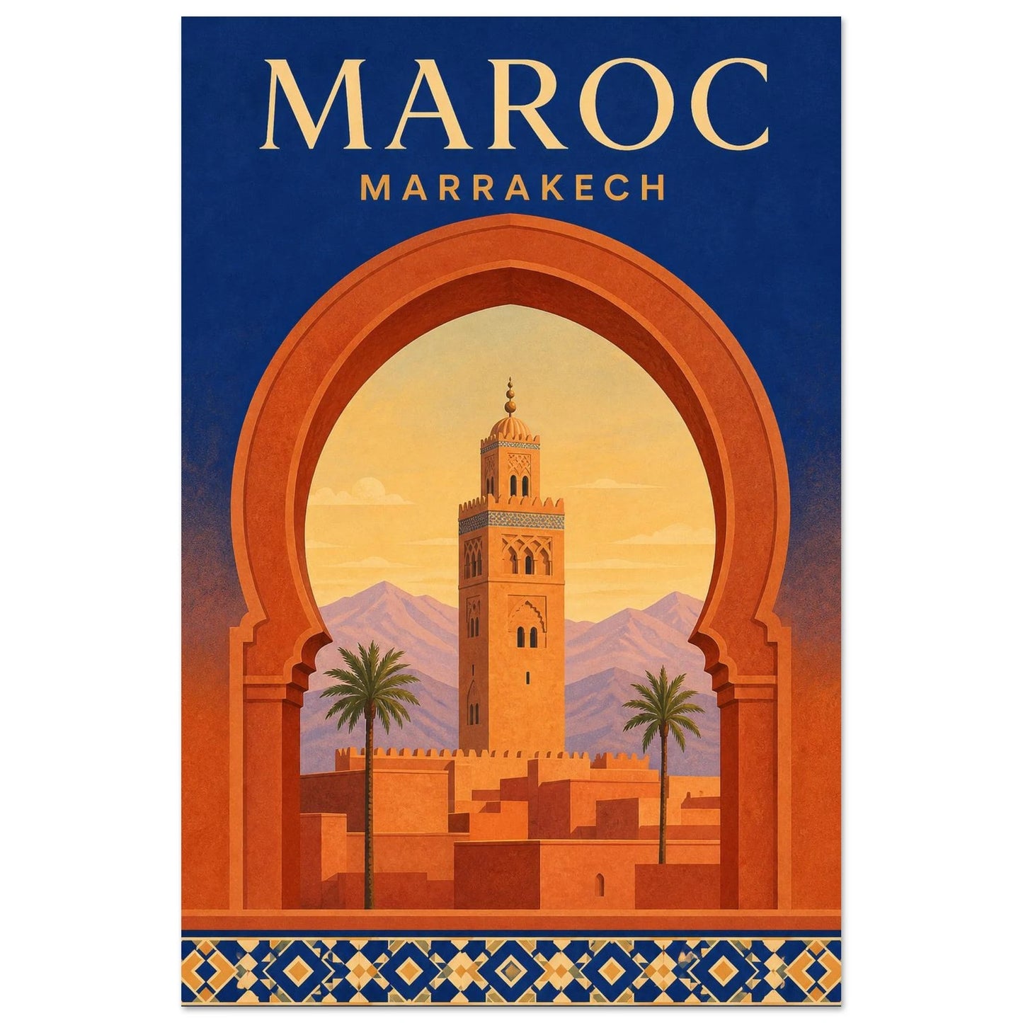 Affiche Maroc – Marrakech, affiche de voyage néo-rétro, texturée et géométrique, avec une inspiration art déco dans l'encadrement verticale, format 40 × 60 cm