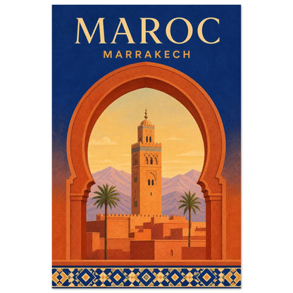 Affiche Maroc – Marrakech, affiche de voyage néo-rétro, texturée et géométrique, avec une inspiration art déco dans l'encadrement verticale, format 60 × 90 cm