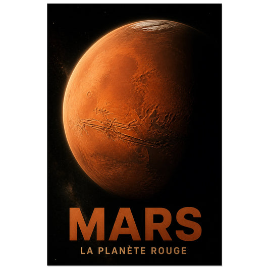 Affiche Mars – La planète rouge, portrait planétaire réaliste et dramatique verticale, format 30 × 45 cm