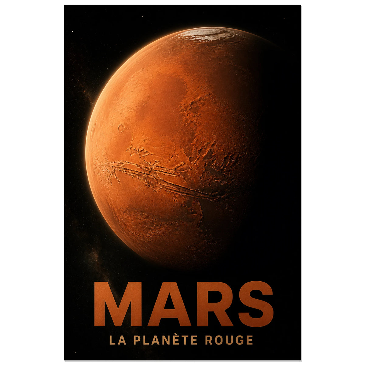 Affiche Mars – La planète rouge, portrait planétaire réaliste et dramatique verticale, format 60 × 90 cm