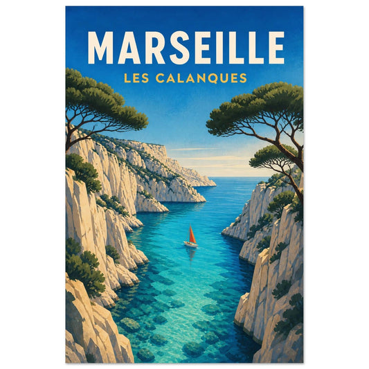 Affiche Marseille – Les Calanques, illustration verticale gouache sérigraphique, format 30 × 45 cm