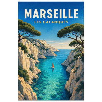 Affiche Marseille – Les Calanques, illustration verticale gouache sérigraphique, format 60 × 90 cm