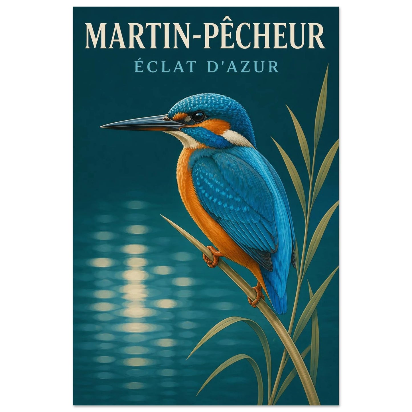 Affiche Martin-Pêcheur – Éclat d'Azur, illustration éditoriale verticale, format 30 × 45 cm
