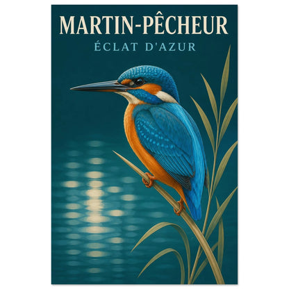 Affiche Martin-Pêcheur – Éclat d'Azur, illustration éditoriale verticale, format 30 × 45 cm