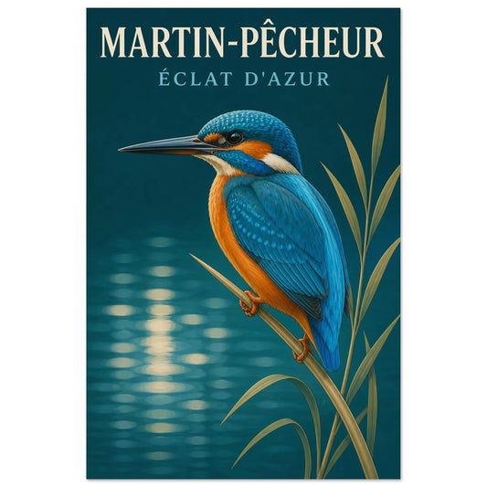 Affiche Martin-Pêcheur – Éclat d'Azur, illustration éditoriale verticale, format 30 × 45 cm