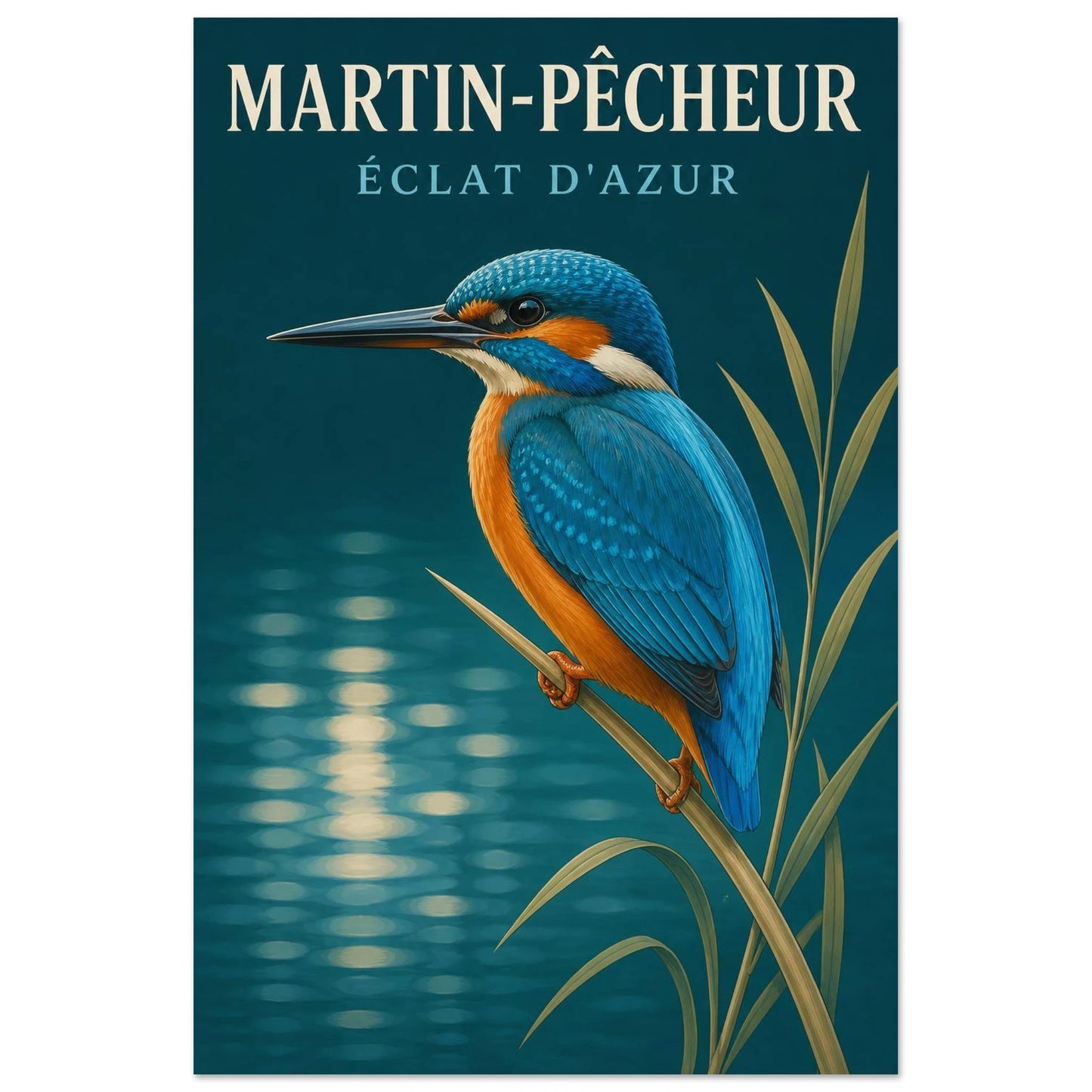 Affiche Martin-Pêcheur – Éclat d'Azur, illustration éditoriale verticale, format 40 × 60 cm