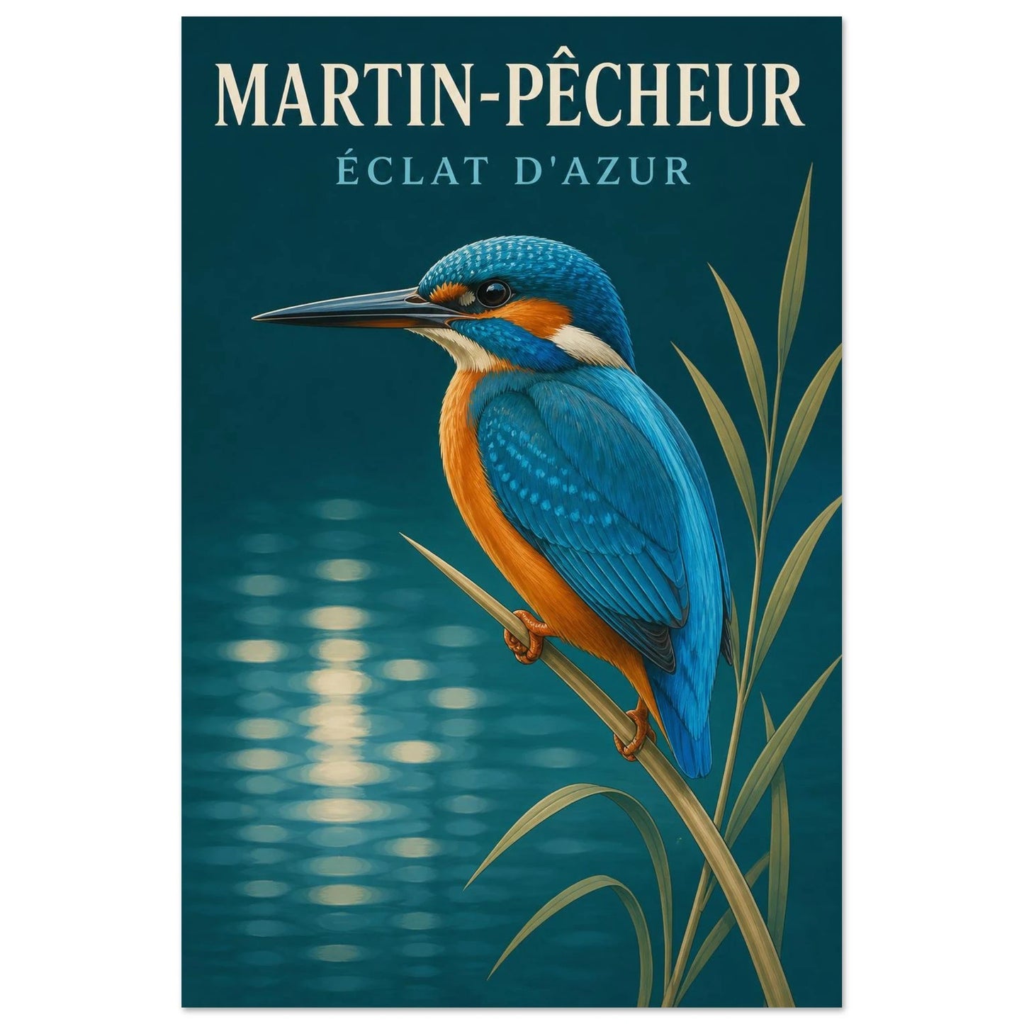 Affiche Martin-Pêcheur – Éclat d'Azur, illustration éditoriale verticale, format 60 × 90 cm