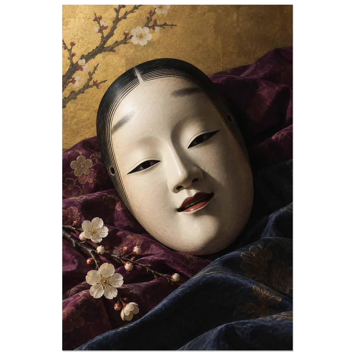 Affiche Masque de nô - Soie et silence, réalisme photographique / nature morte théâtrale verticale, format 40 × 60 cm