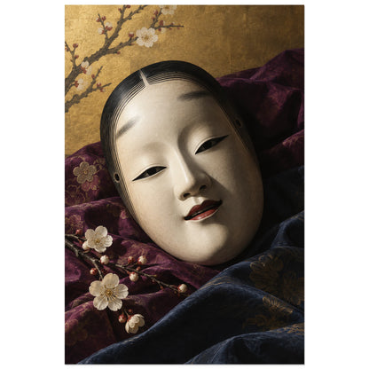Affiche Masque de nô - Soie et silence, réalisme photographique / nature morte théâtrale verticale, format 40 × 60 cm