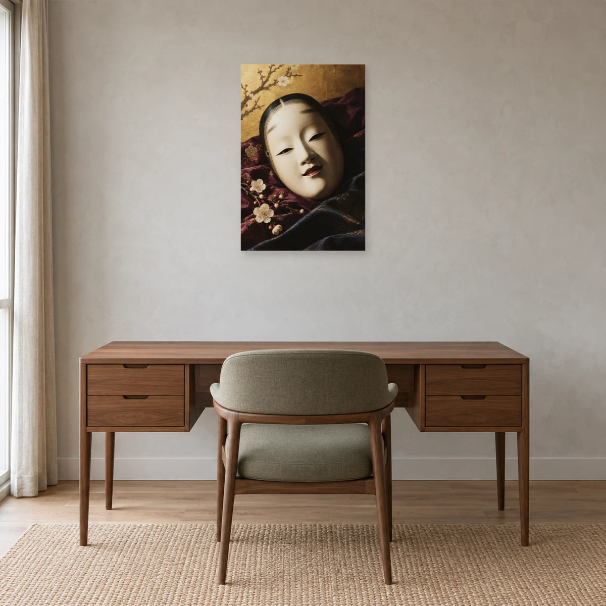 Affiche Masque de nô - Soie et silence dans un bureau - Art Virtuoso