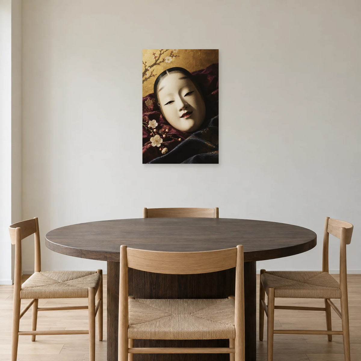 Affiche Masque de nô - Soie et silence dans une salle à manger - Art Virtuoso