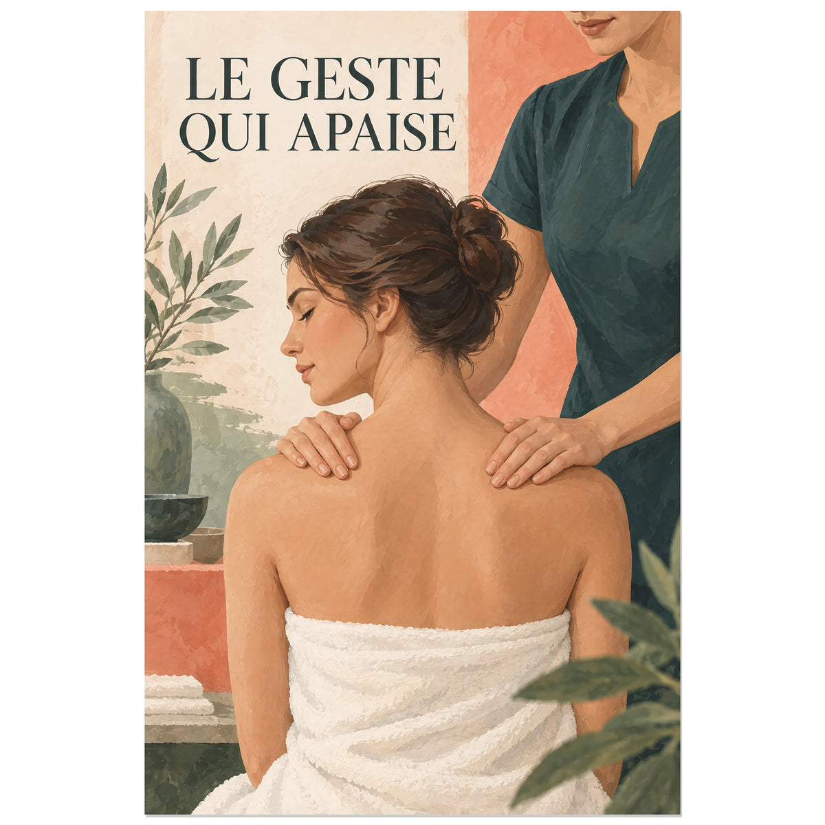 Scène de massage illustrée sur fond pêche avec vêtement bleu pétrole, 40 × 60 cm