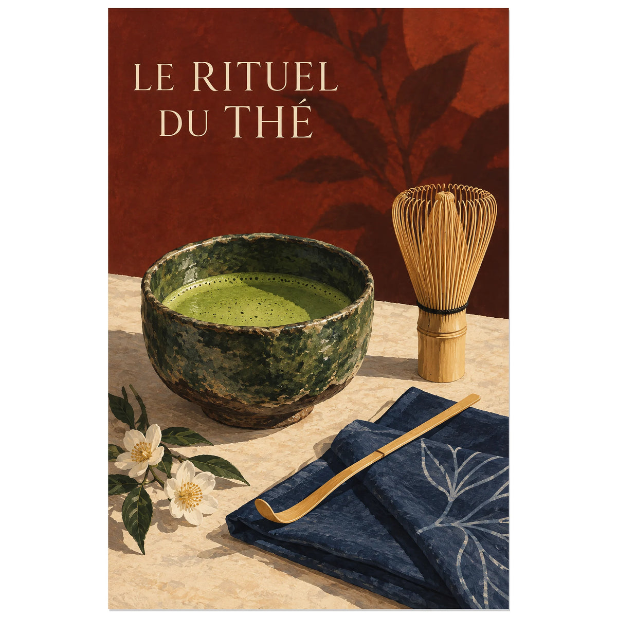 Affiche Matcha - Le rituel du thé, illustration peinte / nature morte verticale, format 60 × 90 cm