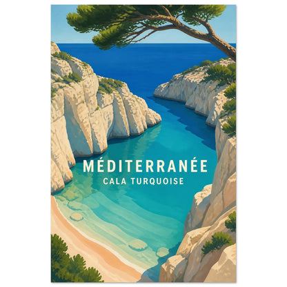 Affiche Méditerranée – Cala Turquoise, gouache contemporaine verticale, format 30 × 45 cm