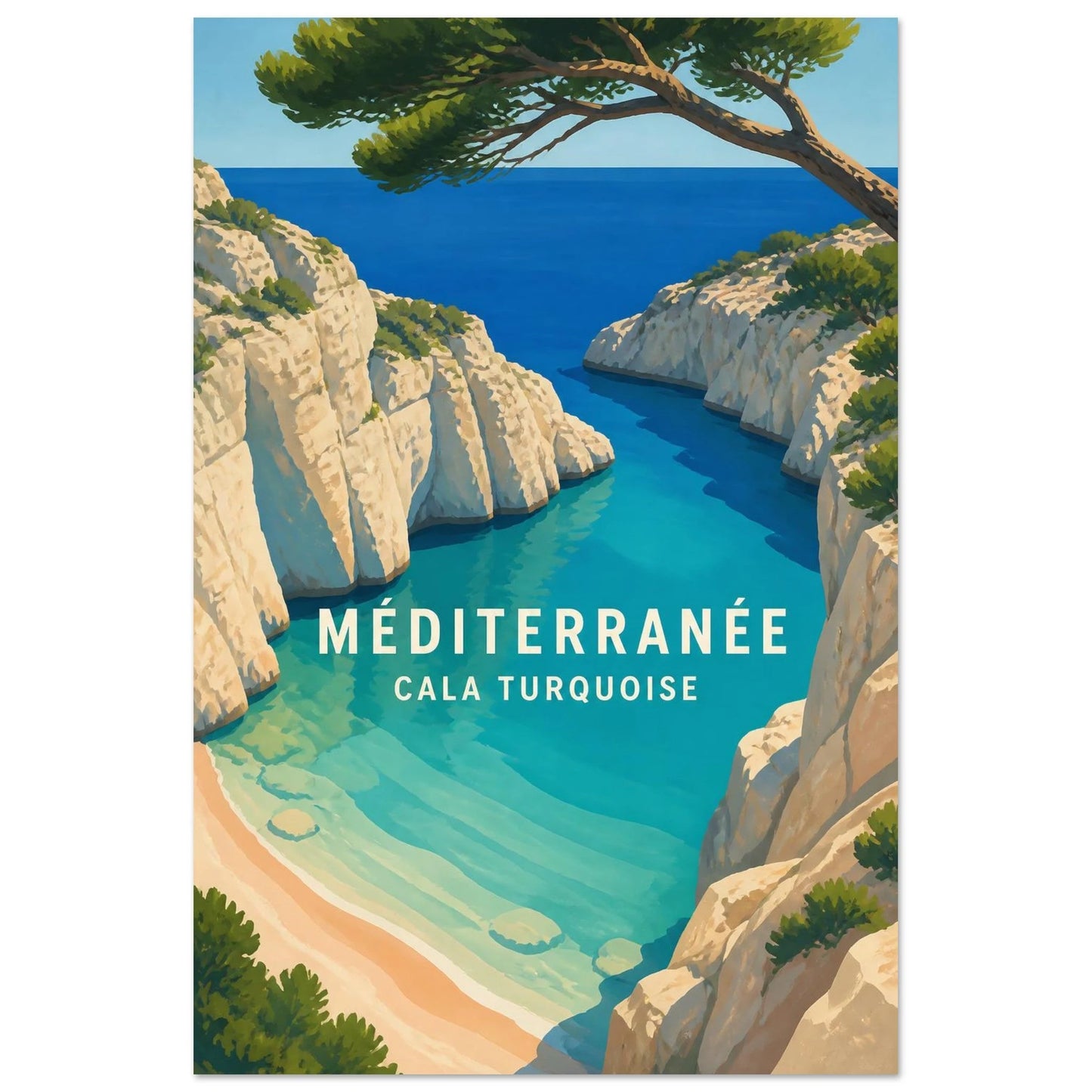 Affiche Méditerranée – Cala Turquoise, gouache contemporaine verticale, format 40 × 60 cm