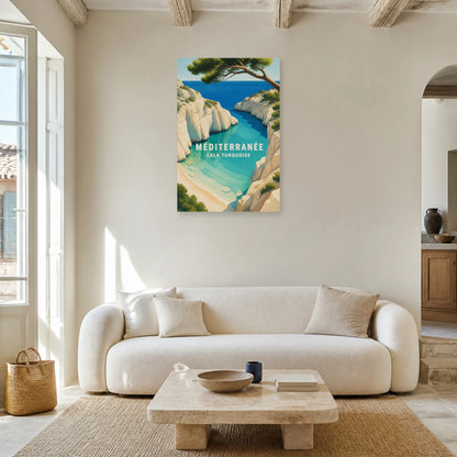 Affiche Méditerranée – Cala Turquoise dans un salon - Art Virtuoso