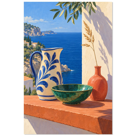Affiche Céramiques en terrasse – Nature morte marine, illustration vintage / rendu peint / création numérique verticale, format 30 × 45 cm
