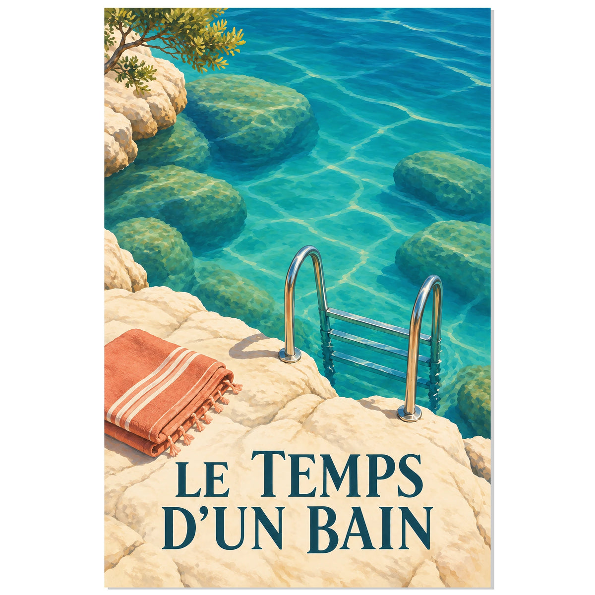 Affiche Échelle de baignade – Le temps d’un bain, illustration vintage / rendu peint / création numérique verticale, format 30 × 45 cm