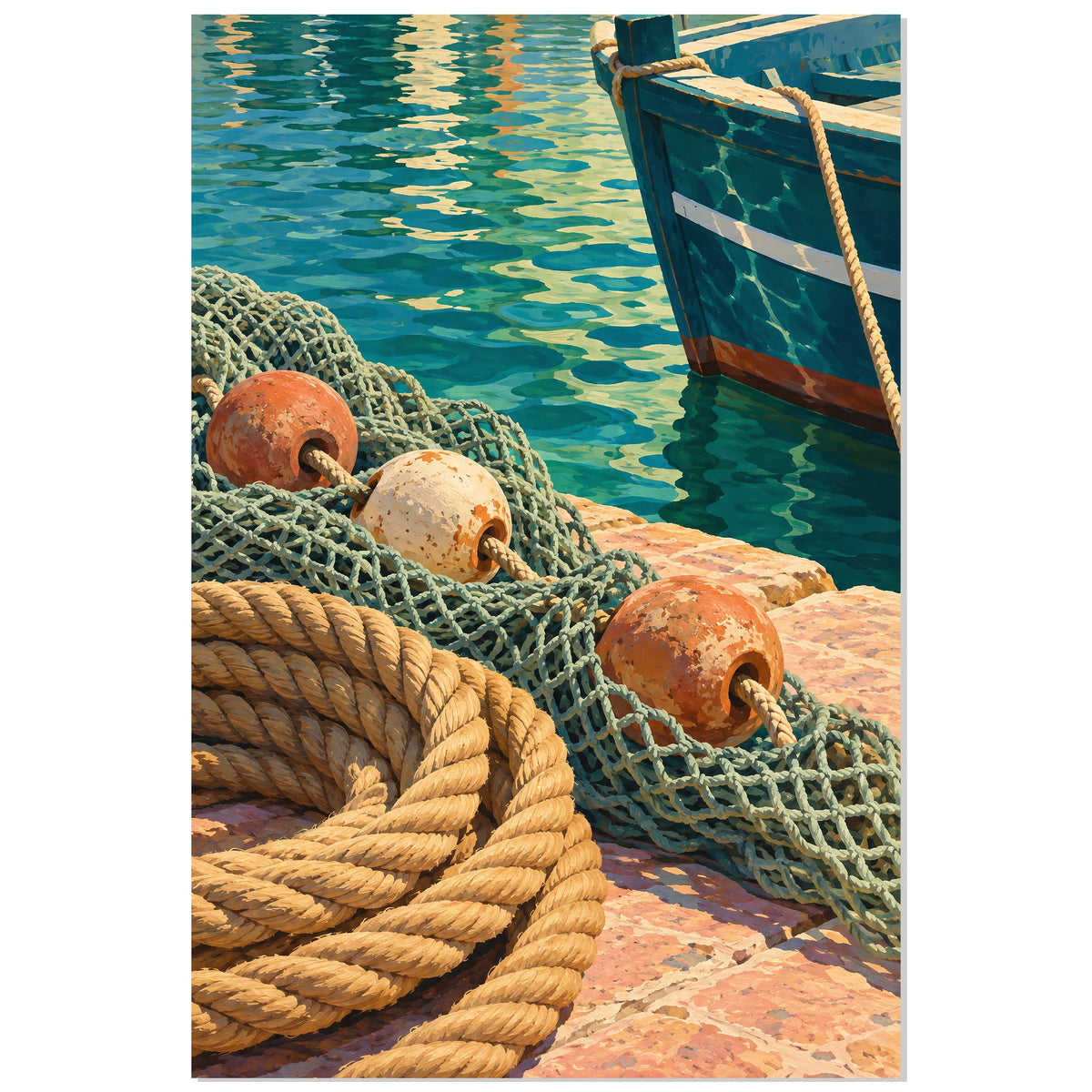 Affiche Filets de pêche et flotteurs – Quai méditerranéen, illustration vintage / rendu peint / création numérique verticale, format 30 × 45 cm