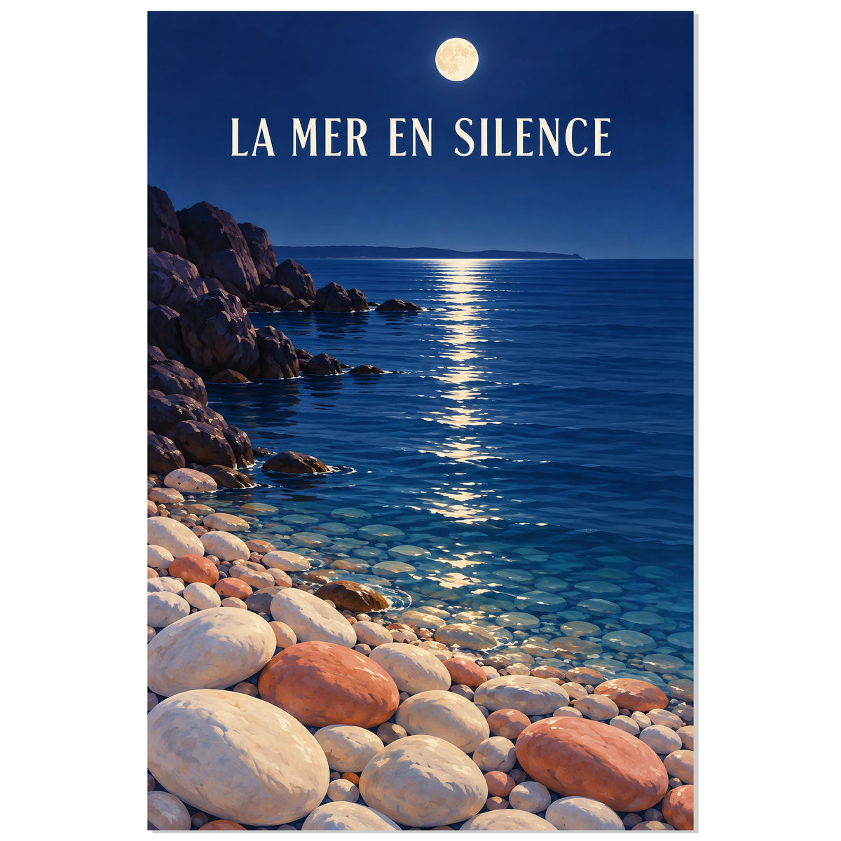 Affiche Galets au clair de lune – La mer en silence, illustration vintage / rendu peint / création numérique verticale, format 40 × 60 cm