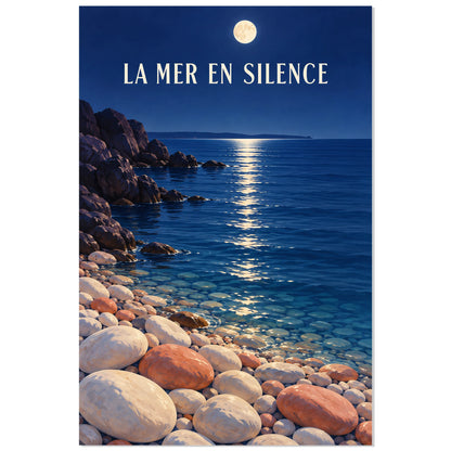 Affiche Galets au clair de lune – La mer en silence, illustration vintage / rendu peint / création numérique verticale, format 60 × 90 cm