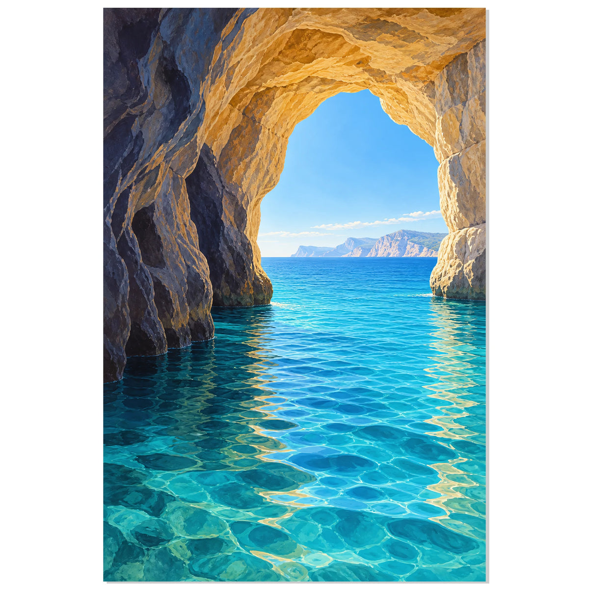 Affiche Grotte marine – Ouverture sur la Méditerranée, illustration réaliste / rendu peint / création numérique verticale, format 40 × 60 cm