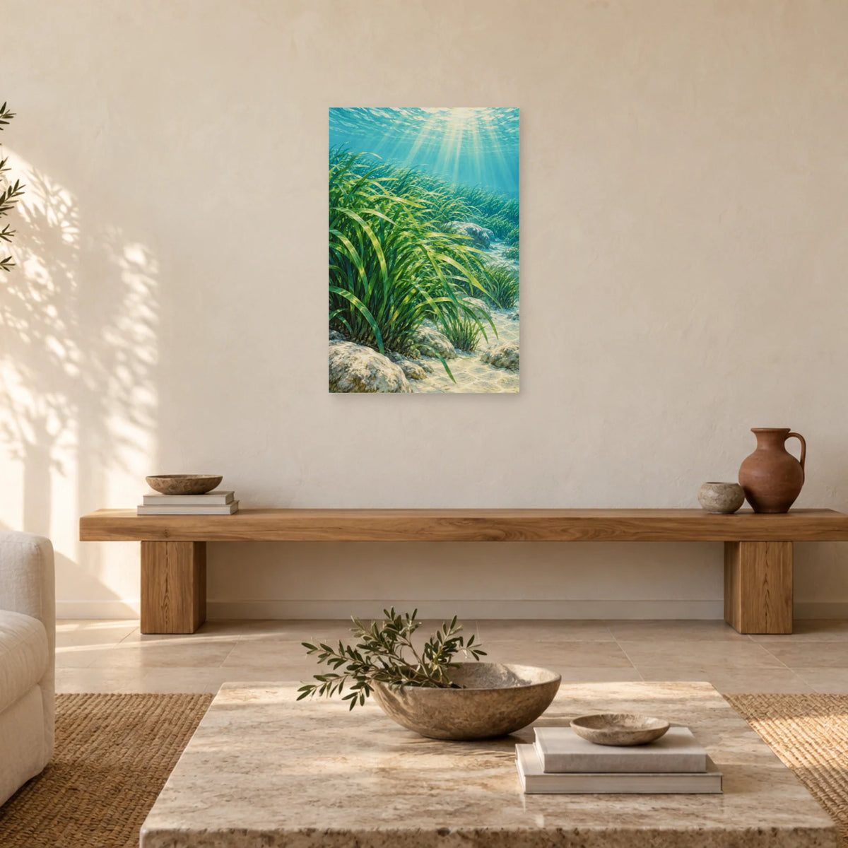 Affiche Méditerranée herbier de posidonie dans un salon - Art Virtuoso