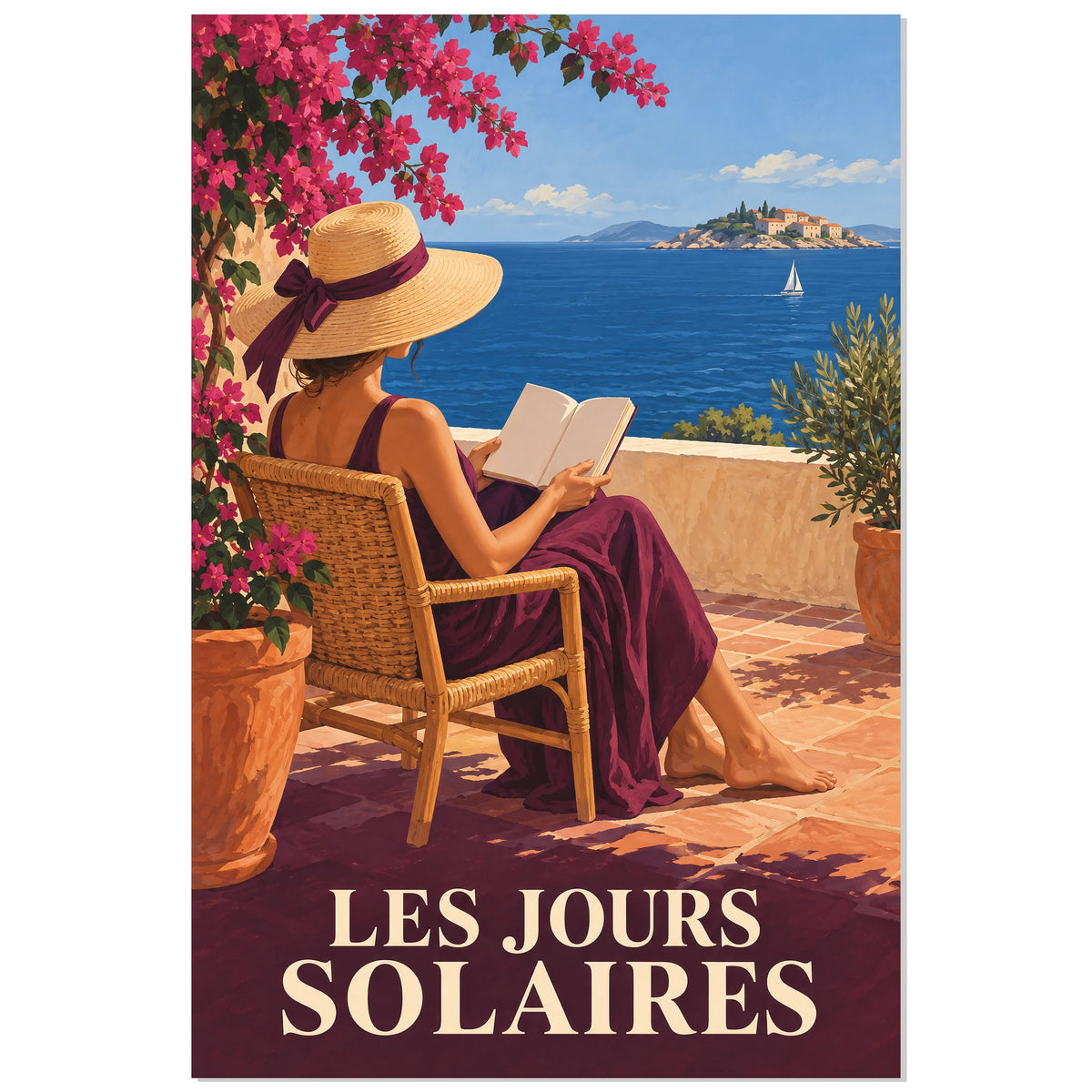 Affiche Lecture en terrasse – Les jours solaires, illustration vintage / rendu peint / création numérique verticale, format 30 × 45 cm