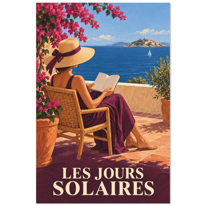 Affiche Lecture en terrasse – Les jours solaires, illustration vintage / rendu peint / création numérique verticale, format 60 × 90 cm