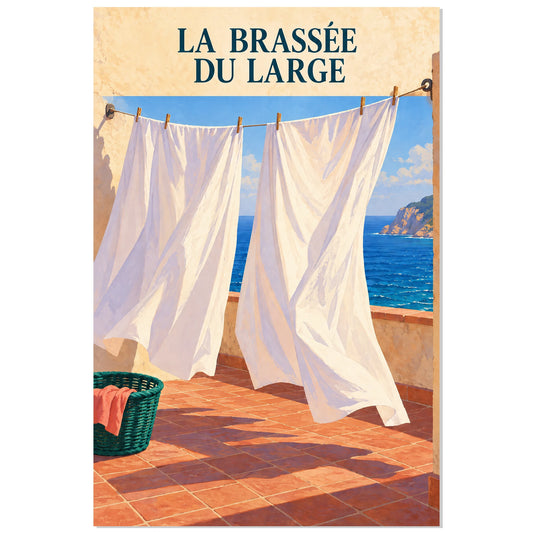 Affiche Linge et brise marine – La brassée du large, illustration vintage / rendu peint / création numérique verticale, format 30 × 45 cm