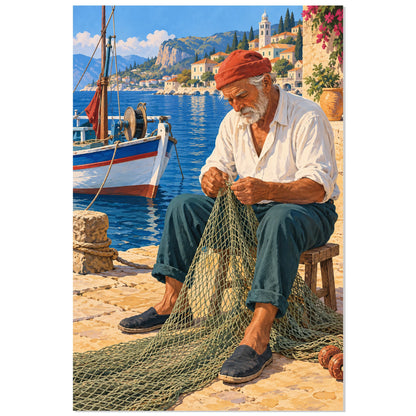 Affiche Pêcheur au port – Filet à ravauder, illustration figurative / rendu peint / création numérique verticale, format 60 × 90 cm