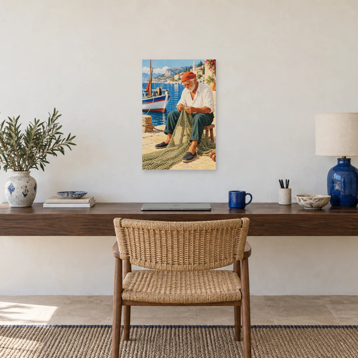 Affiche Méditerranée pêcheur au port dans un bureau - Art Virtuoso
