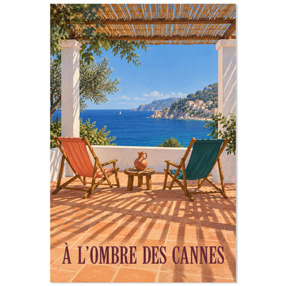 Affiche Pergola méditerranéenne – À l’ombre des cannes, illustration vintage / rendu peint / création numérique verticale, format 40 × 60 cm