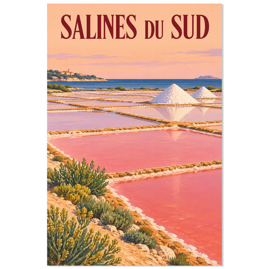 Affiche Salines roses – Bassins du Sud, illustration vintage / rendu peint / création numérique verticale, format 30 × 45 cm