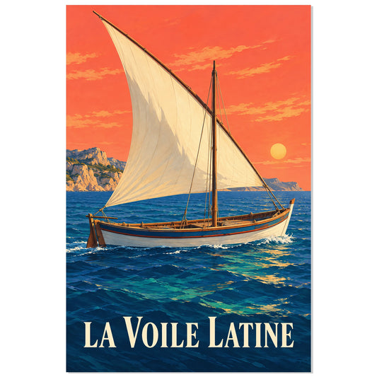 Affiche Voile latine – Barque en Méditerranée, illustration vintage / rendu peint / création numérique verticale, format 30 × 45 cm